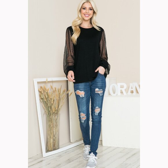 NEW Mesh Polka Dot Long Sleeve Top, Puff Sleeves, Stretch Fabric Knit Blouse - Picture 3 of 5